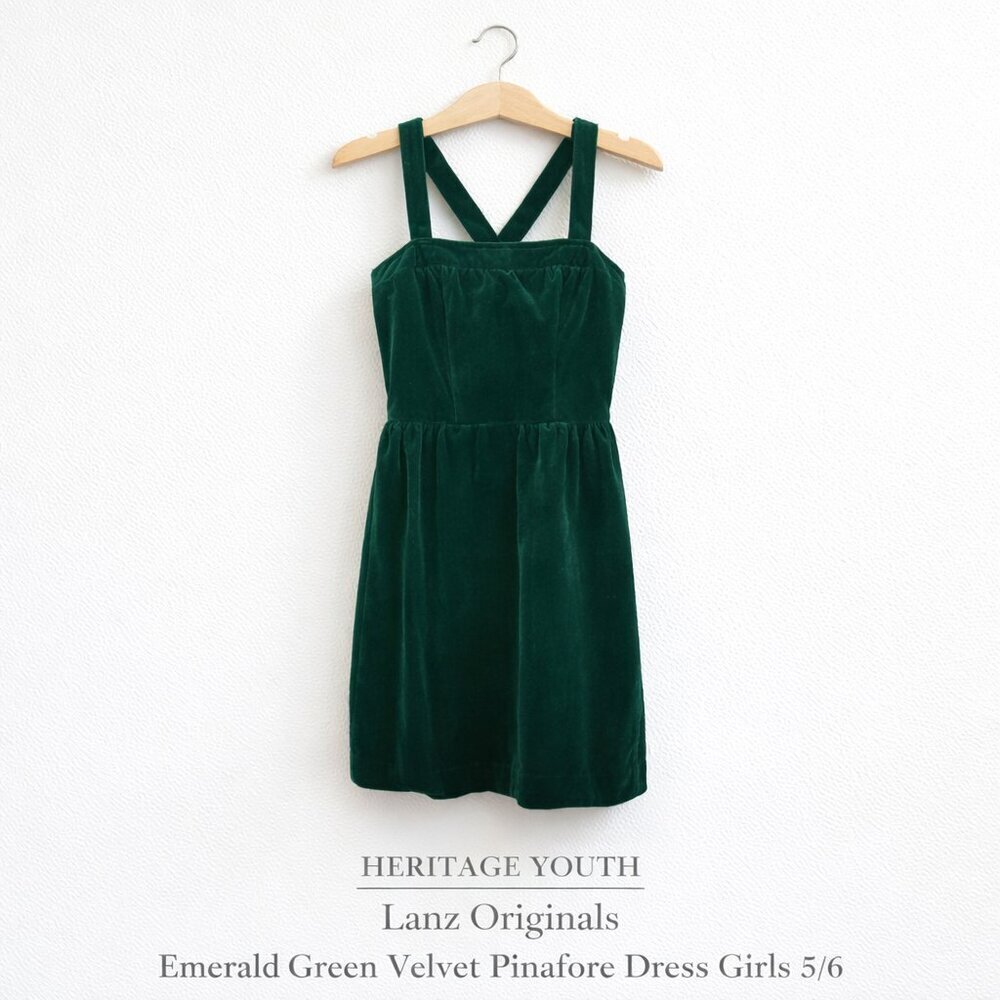 Vintage Lanz Originals Emerald Green Velvet Pinafore Dress Girls 5/6